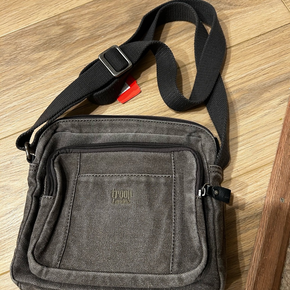 Troop London Taupe Canvas Crossbody Bag with Front Zip Pocket